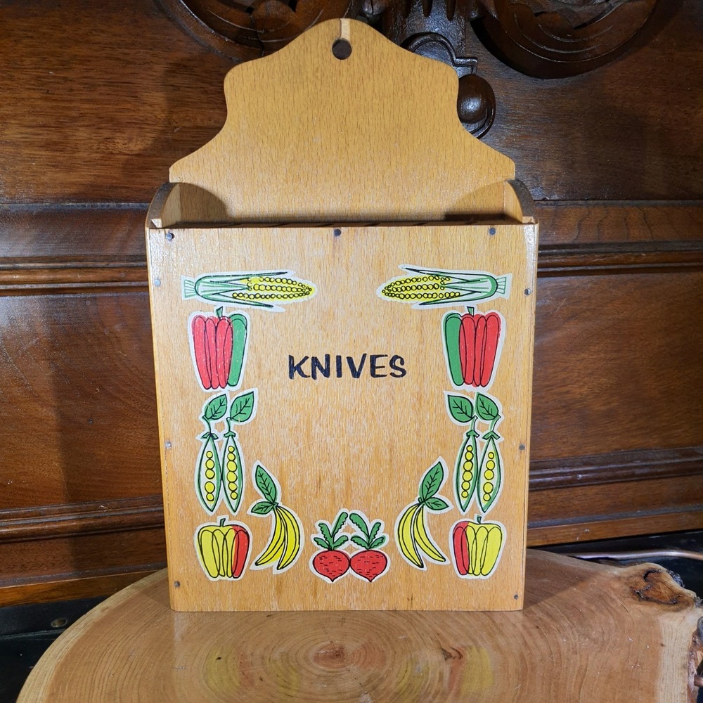 Vintage 60s NEVCOWooden Wall Hand Retro Kitchen Vegetable Design Knife Holder